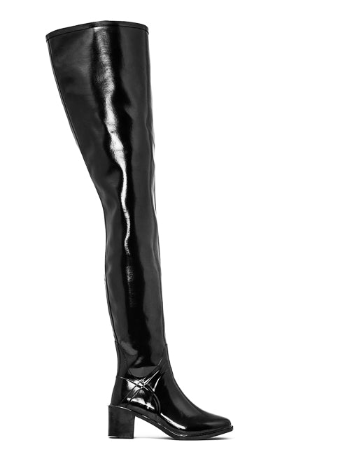 Side view of ACQUO of Sweden's signature knee-high black rubber boot with a stylish block heel and sleek finish – Scandinavian fashion meets timeless design