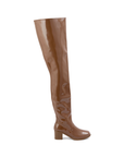 Elsa Walnut Brown side view of ACQUO of Sweden shiny rubber boots with a slim silhouette and block heel