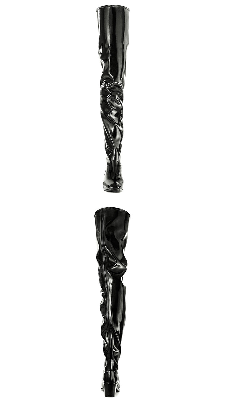 Front and back view of ACQUO of Sweden’s iconic over-the-knee black boots in high-shine finish, crafted for bold elegance and timeless Swedish style