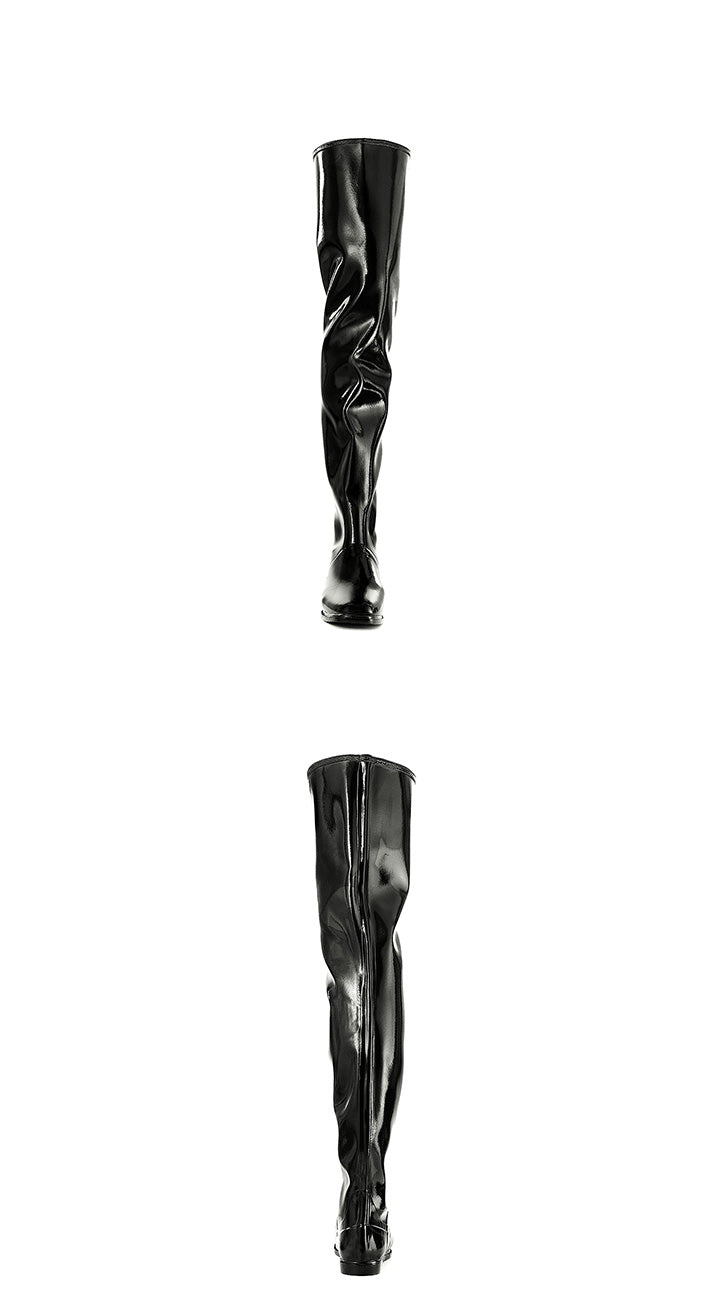 Front and back views of ACQUO of Sweden's high-shine black over-the-knee boots with sleek, wrinkle-effect design and bold silhouette for modern elegance