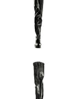 Front and back views of ACQUO of Sweden's high-shine black over-the-knee boots with sleek, wrinkle-effect design and bold silhouette for modern elegance