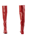 Greta Cherry Red front and back view of ACQUO of Sweden shiny rubber boots with a sleek silhouette and flat heel.