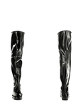 Front and back views of ACQUO of Sweden's signature over the knee black boots in high-shine natural rubber, featuring a sleek, sculpted silhouette with flat sole for timeless elegance and comfort