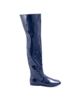 Greta Iris Blue side view by ACQUO of Sweden featuring elegant navy blue rubber boots with a sleek over-the-knee silhouette and flat sole.
