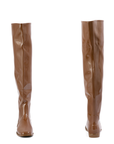 Greta Walnut Brown front and back view of ACQUO of Sweden shiny rubber boots with a sleek silhouette and flat heel