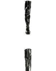 Front and back views of ACQUO of Sweden's signature over the knee black boots in high-shine natural rubber, featuring a sleek, sculpted silhouette with flat sole for timeless elegance and comfort