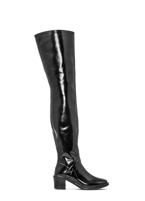 ACQUO of Sweden high-shine black over-the-knee boots with mid block heel – iconic Scandinavian fashion footwear blending retro allure and modern edge