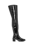 ACQUO of Sweden high-shine black over-the-knee boots with mid block heel – iconic Scandinavian fashion footwear blending retro allure and modern edge