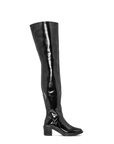 ACQUO of Sweden high-shine black over-the-knee boots with mid block heel – iconic Scandinavian fashion footwear blending retro allure and modern edge
