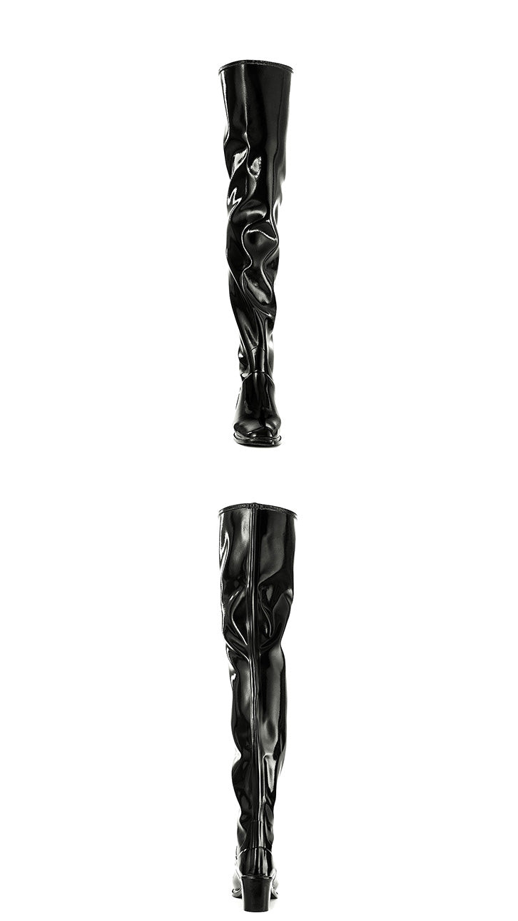 Front and back views of ACQUO of Sweden’s glossy black over the knee boots with elegant block heels, crafted from premium natural rubber for a luxurious and fashion-forward silhouette
