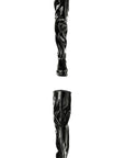 Front and back views of ACQUO of Sweden’s glossy black over the knee boots with elegant block heels, crafted from premium natural rubber for a luxurious and fashion-forward silhouette