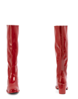 Karin Cherry Red front and back view of ACQUO of Sweden shiny rubber boots with a structured silhouette and block heel.