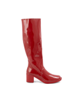 Karin Cherry Red side view of ACQUO of Sweden shiny rubber boots with a structured silhouette and block heel.