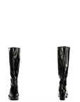 Front and back view of ACQUO of Sweden’s glossy knee-high black boots with mid-height block heels, crafted from premium rubber for a chic, Swedish-inspired look