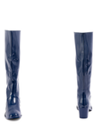 Karin Iris Blue front and back view by ACQUO of Sweden featuring elegant blue rubber boots with a sleek knee-high silhouette and block heel.