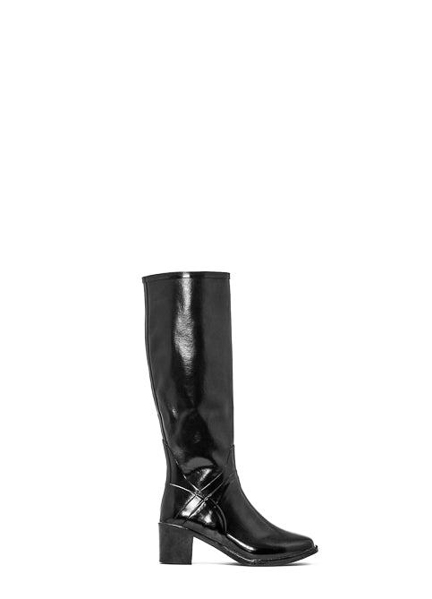 ACQUO of Sweden knee-high black boots with block heel – sleek Scandinavian design combining timeless fashion with high-gloss statement finish