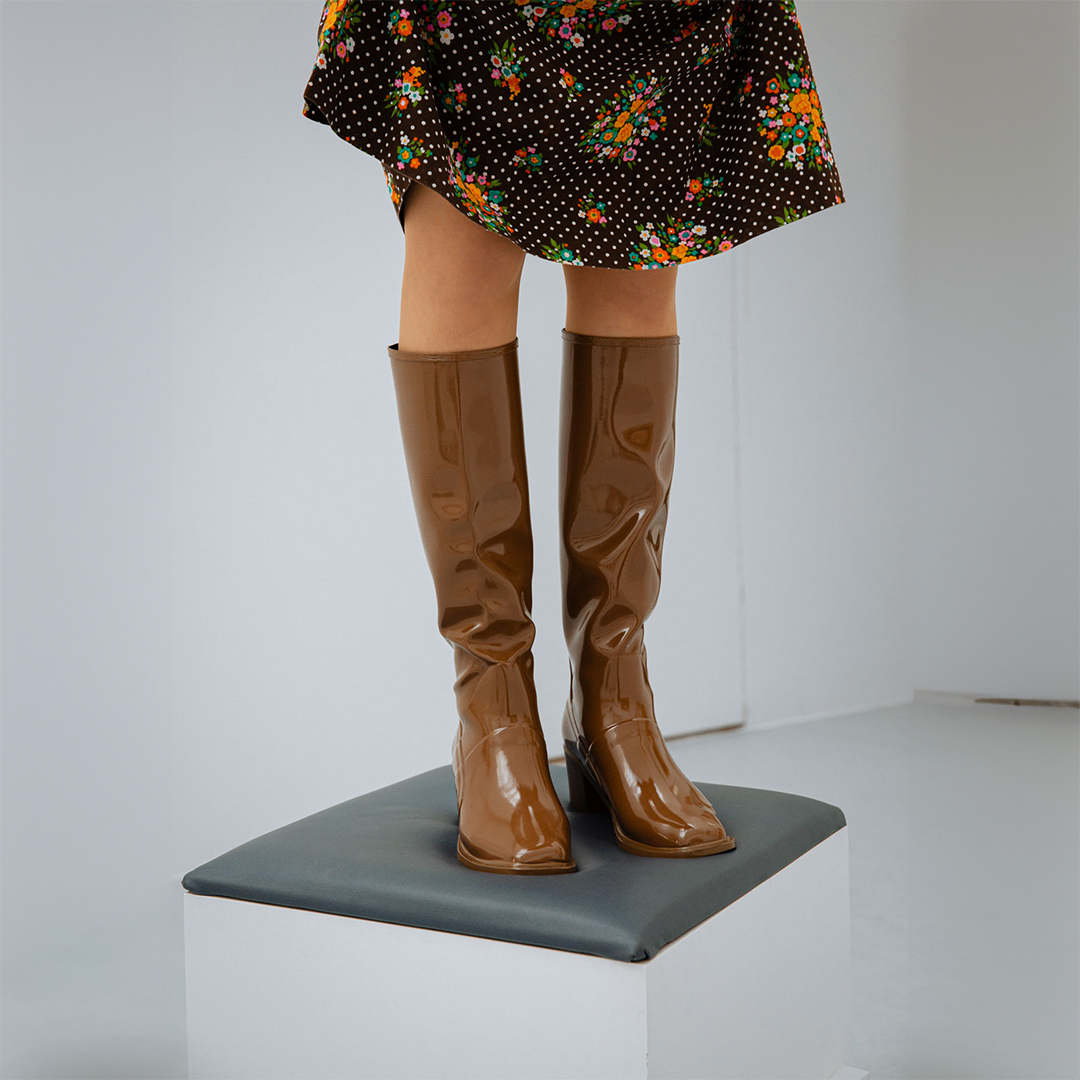 brown knee high boots with dress ACQUO Karin Walnut · Knee-high natural rubber 37 high boots in natural dresser drawer Mini dress Matte Side-Tie Swim Dress Color:Jones Black