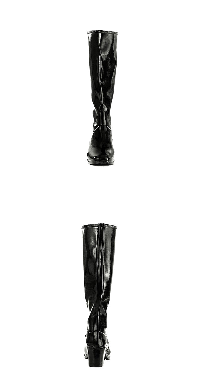 Front and back view of ACQUO of Sweden’s glossy knee-high black boots with mid-height block heels, crafted from premium rubber for a chic, Swedish-inspired look