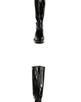 Front and back view of ACQUO of Sweden’s glossy knee-high black boots with mid-height block heels, crafted from premium rubber for a chic, Swedish-inspired look