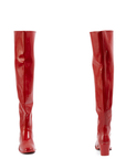Lisa Cherry Red front and back view of ACQUO of Sweden shiny rubber boots with a slim silhouette and block heel.