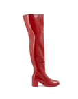 Lisa Cherry Red side view of ACQUO of Sweden shiny rubber boots with a slim silhouette and block heel.
