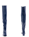 Lisa Iris Blue front and back view by ACQUO of Sweden featuring elegant iris blue over-the-knee rubber boots with a sleek silhouette and refined block heel.