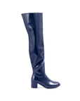 Lisa Iris Blue side view by ACQUO of Sweden featuring elegant iris blue over-the-knee rubber boots with a sleek silhouette and refined block heel.