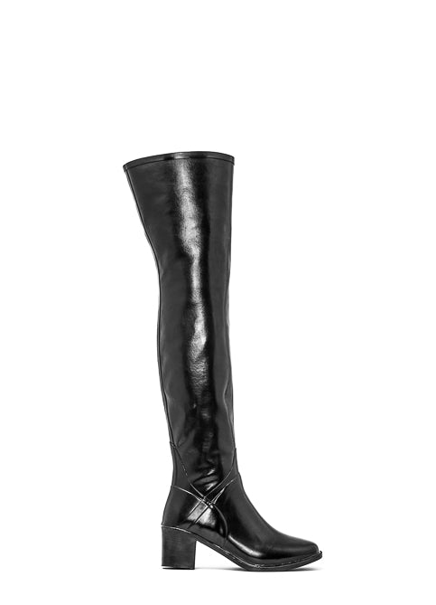 ACQUO of Sweden over-the-knee black boots with low block heel – modern Scandinavian style meets vintage-inspired high-shine footwear design