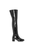 ACQUO of Sweden over-the-knee black boots with low block heel – modern Scandinavian style meets vintage-inspired high-shine footwear design