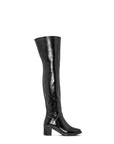 ACQUO of Sweden over-the-knee black boots with low block heel – modern Scandinavian style meets vintage-inspired high-shine footwear design