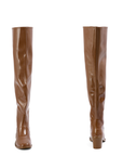 Lisa Walnut Brown front and back view of ACQUO of Sweden shiny rubber boots with a slim silhouette and block heel.