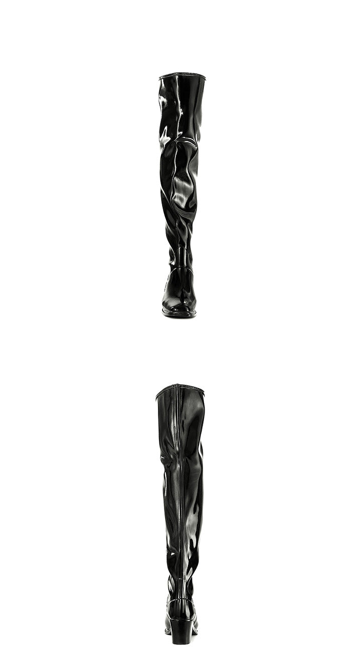 Front and back view of ACQUO of Sweden’s high-shine over-the-knee black boots with block heels, designed for a bold yet elegant silhouette with signature Swedish style