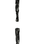 Front and back view of ACQUO of Sweden’s high-shine over-the-knee black boots with block heels, designed for a bold yet elegant silhouette with signature Swedish style
