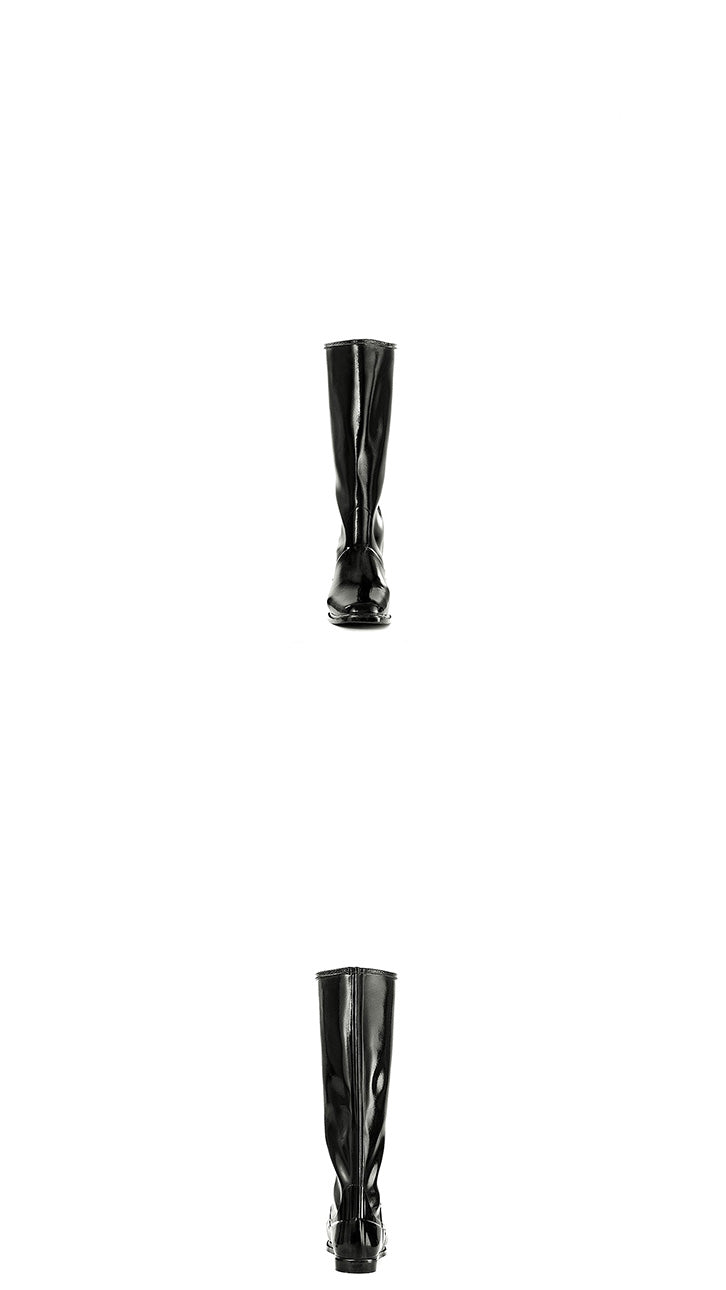 Front and back view of ACQUO of Sweden’s knee high shiny black boots with low heels, crafted for comfort and elegance in iconic Swedish design