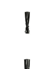 Front and back view of ACQUO of Sweden’s knee high shiny black boots with low heels, crafted for comfort and elegance in iconic Swedish design