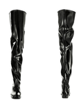 Front and back view of ACQUO of Sweden’s over-the-knee black rubber boots with flat sole, featuring a sleek silhouette and glossy Swedish design.