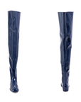 Vega Iris Blue front and back view by ACQUO of Sweden featuring elegant iris blue over-the-knee rubber boots with a sleek silhouette and refined flat heel.