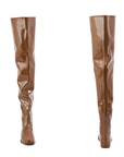 Vega Walnut Brown front and back view of ACQUO of Sweden shiny rubber boots with a slim silhouette and flat sole.