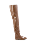 Vega Walnut Brown side view of ACQUO of Sweden shiny rubber boots with a slim silhouette and flat sole.