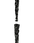 Front and back view of ACQUO of Sweden’s over-the-knee black rubber boots with flat sole, featuring a sleek silhouette and glossy Swedish design.
