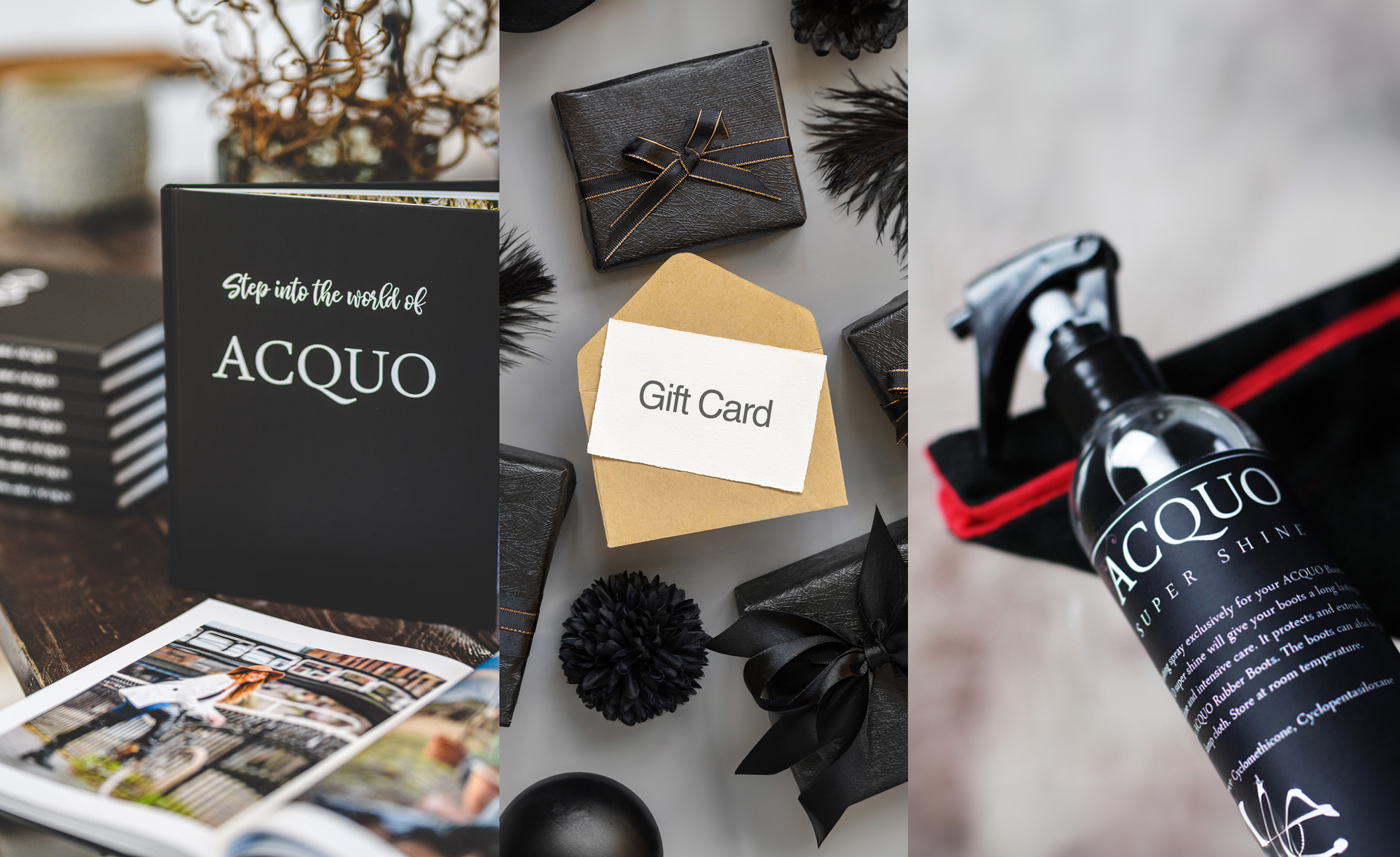 ACQUO of Sweden lifestyle collage featuring a fashion book, gift card and boot care shine spray. Scandinavian accessories and premium waterproof boot care products styled in an elegant monochrome setting
