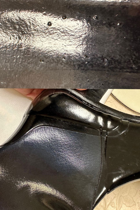 Close-up of ACQUO of Sweden's black over-the-knee rubber boots showcasing minor surface imperfections and unique material texture—emphasising the authenticity and craftsmanship of premium rubber fashion footwear.