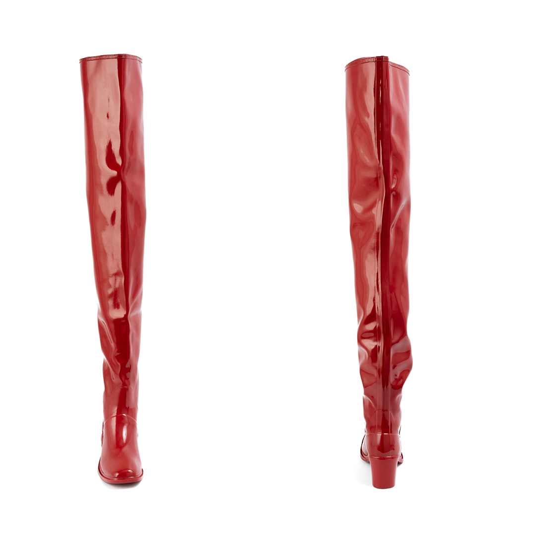 Elsa Cherry Red front and back view of ACQUO of Sweden shiny rubber boots with a slim silhouette and block heel.
