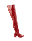 Elsa Cherry Red side view of ACQUO of Sweden shiny rubber boots with a slim silhouette and block heel.