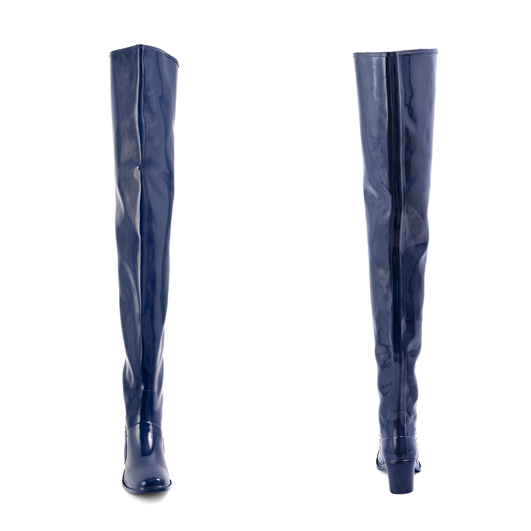 Elsa Iris Blue front and back view by ACQUO of Sweden featuring elegant iris blue over-the-knee rubber boots with a sleek silhouette and refined block heel.