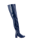 Elsa Iris Blue side view of ACQUO of Sweden shiny rubber boots with a slim silhouette and block heel.