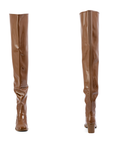 Elsa Walnut Brown front and back view of ACQUO of Sweden shiny rubber boots with a slim silhouette and soft creases in the material