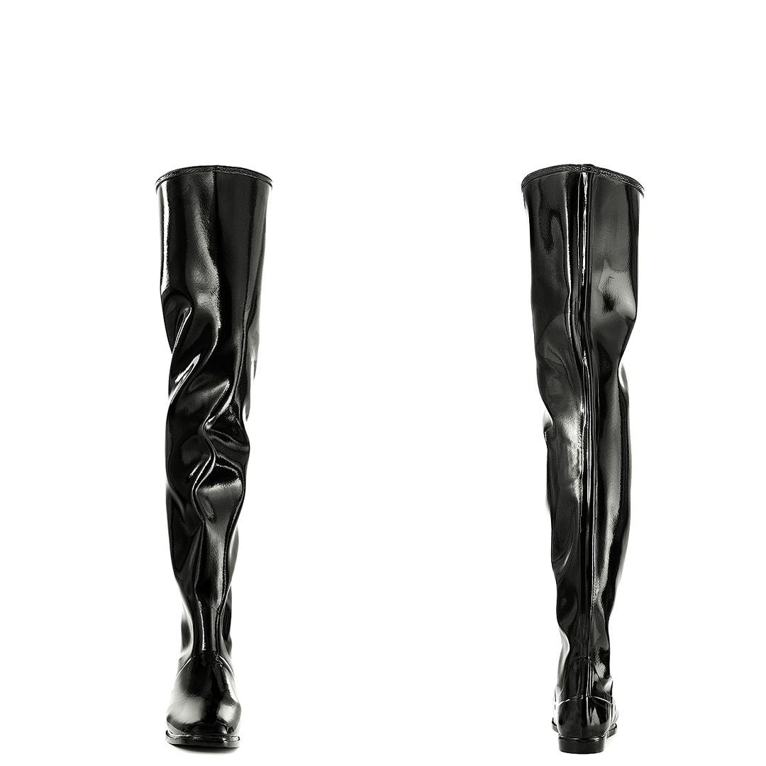 Front and back views of ACQUO of Sweden's high-shine black over-the-knee boots with sleek, wrinkle-effect design and bold silhouette for modern elegance