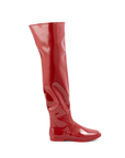 Greta Cherry Red side view of ACQUO of Sweden shiny rubber boots with a sleek silhouette and flat sole.