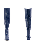 Greta Iris Blue front and back view of ACQUO of Sweden shiny rubber boots with a sleek silhouette and flat sole.